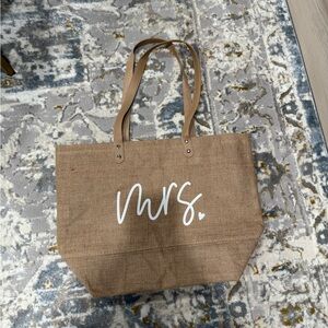 Mrs. Script Jute Tote Bag with Tan Handles